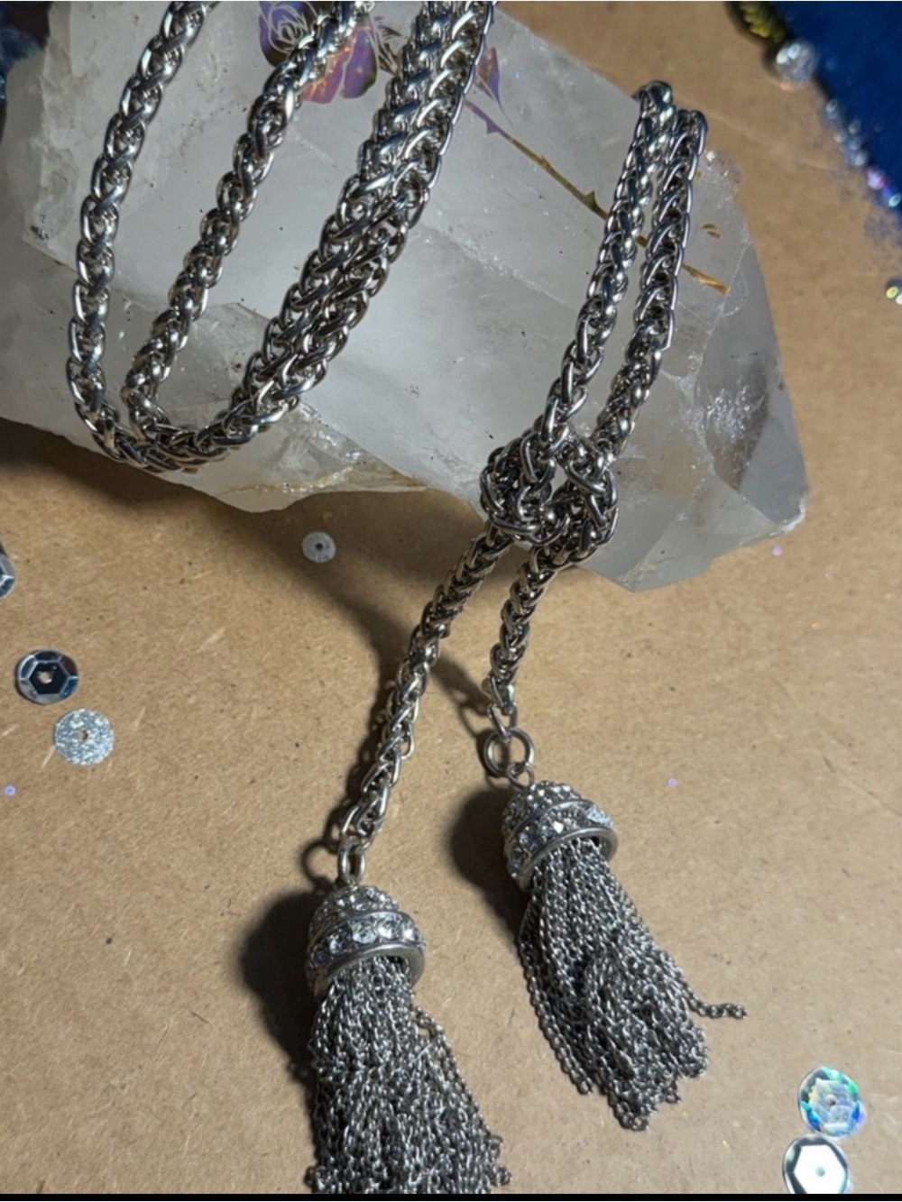 Chic Silver Tassel silver necklace with crystals Jennifer Lopez